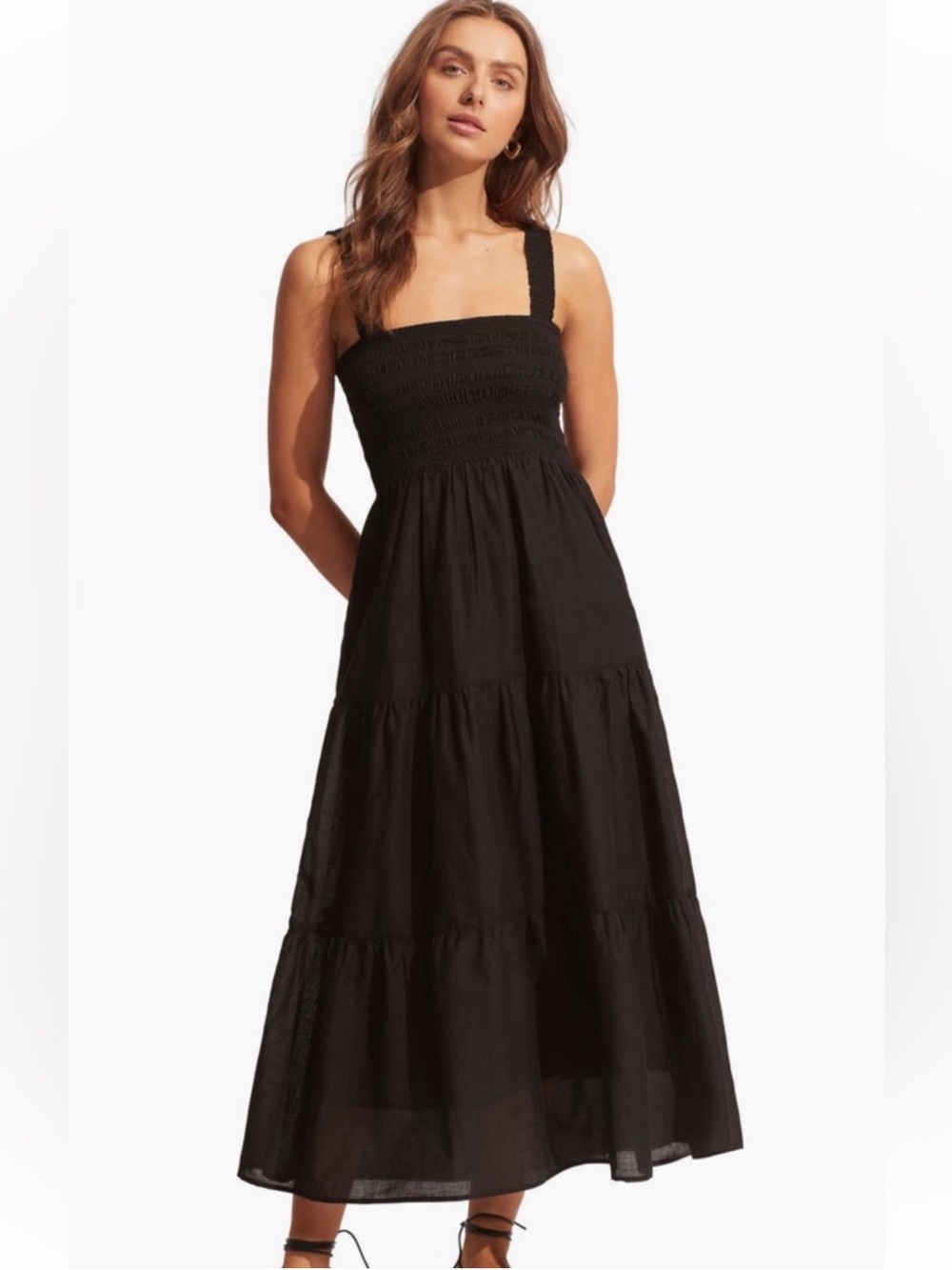 Seafolly Beach Faithful Cotton Black Midi Sundress - Size Small